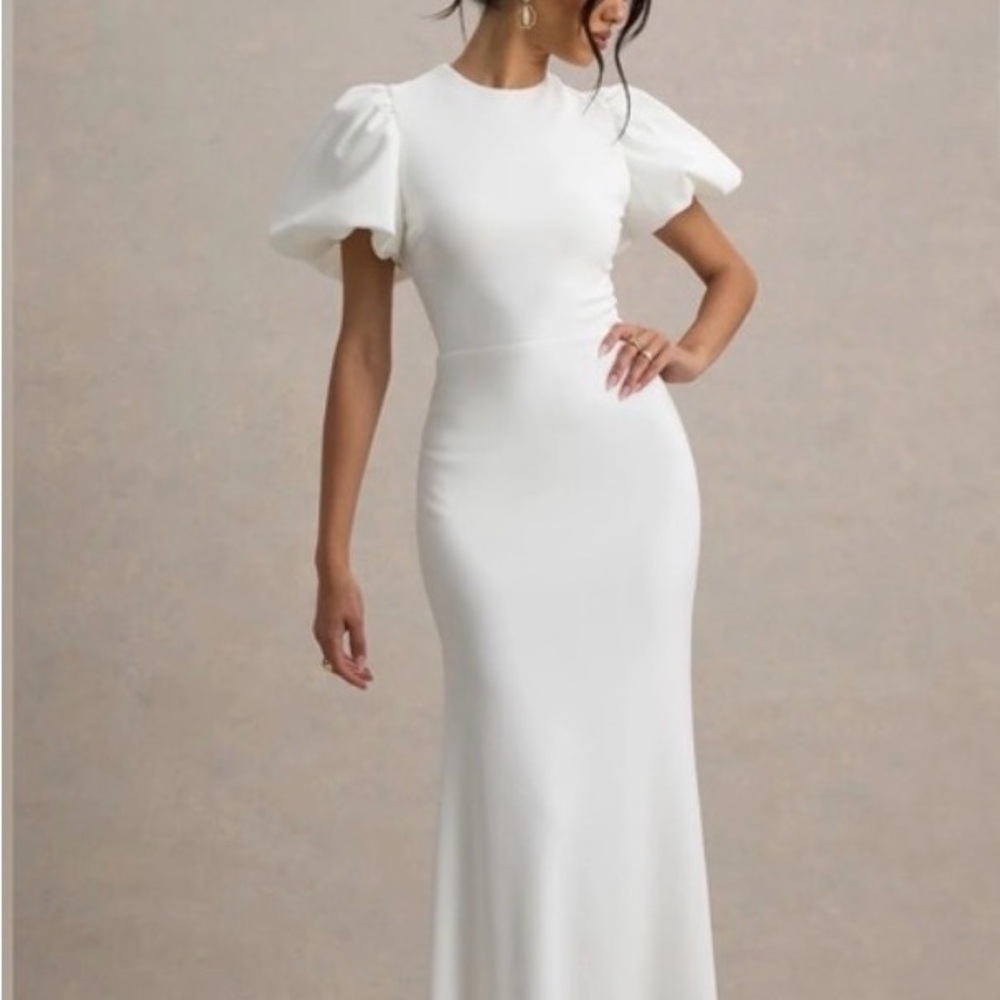 Club L Love Letters White Puff Shoulder Evening Gown